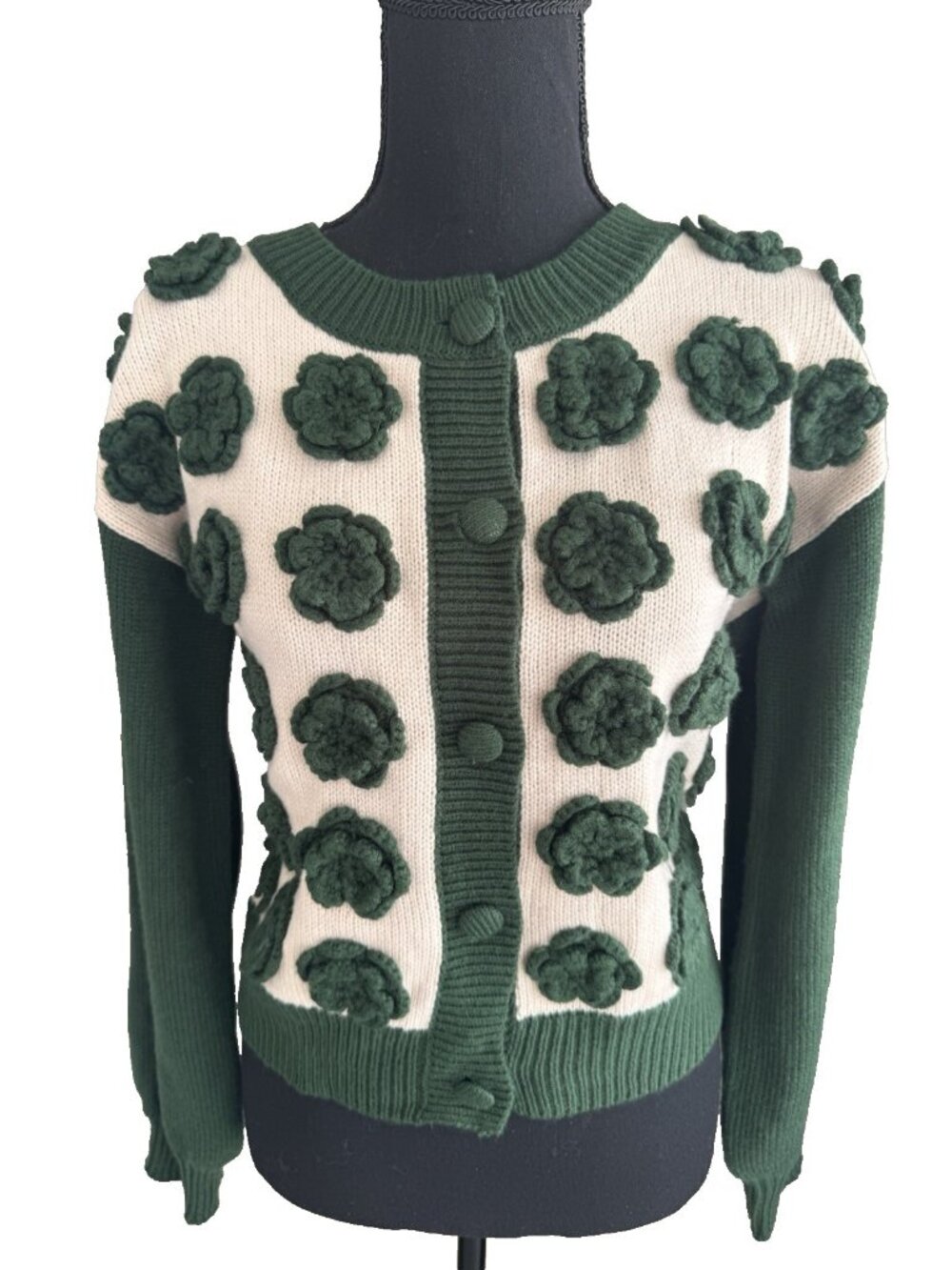 Women's Listiele Chunky Knit M Green Cream Crochet Flowers Retro Vibes Cardigan